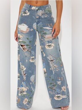 Fashion Nova Blue Floral Distressed Wide-Leg Jeans